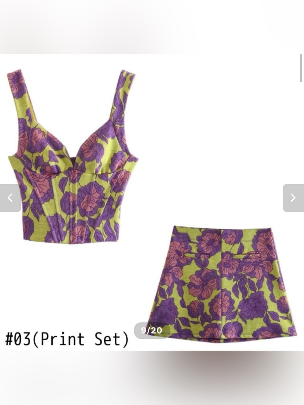 Floral Bustier Crop Top & Mini Skirt Set - Lime, Purple, Pink